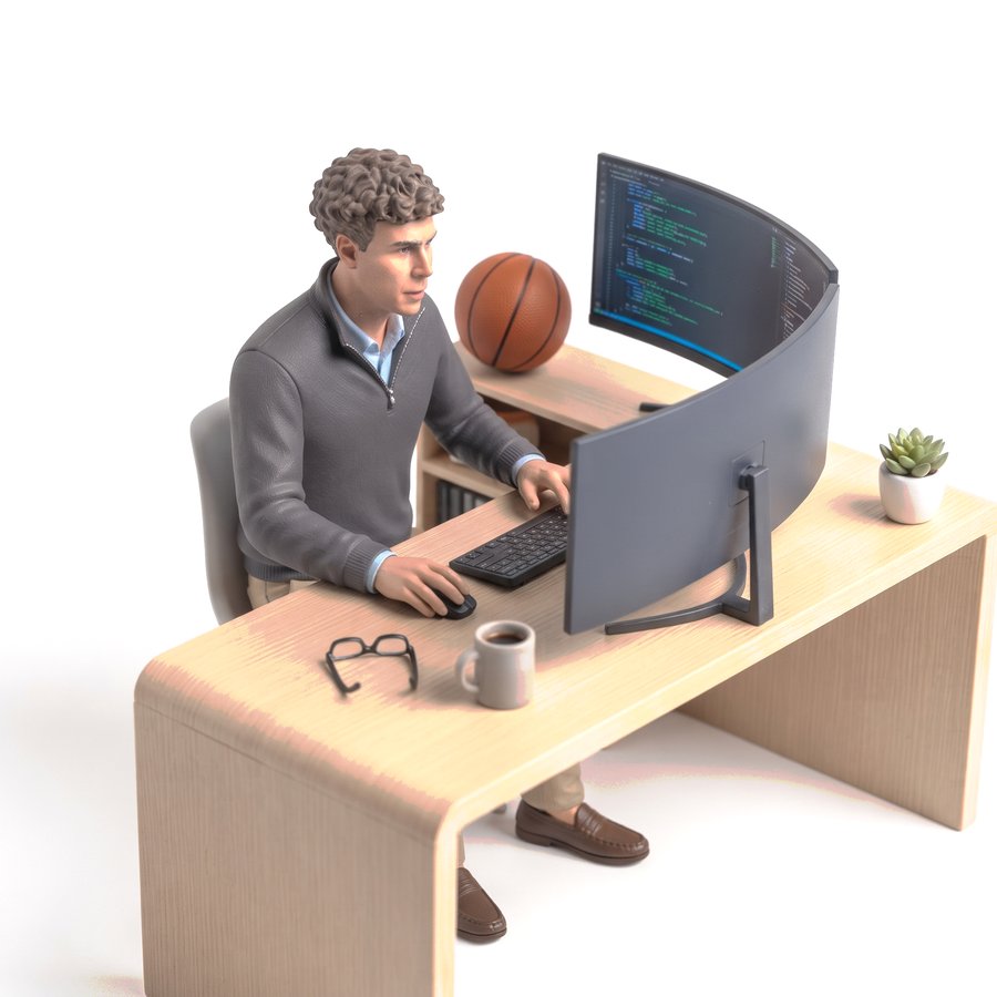Figurine of Arnau coding at a desk